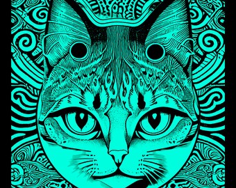 Hypnotizing Kitty, mandala style art for cat lovers, unique gift for cat owners, pet lovers, trippy neon intricate psychedelic art.