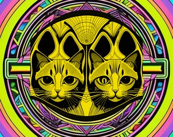 The Kitties are Watching over You, mandala style art for cat lovers, unique gift for cat owners, pet lovers, trippy neon colorful art.