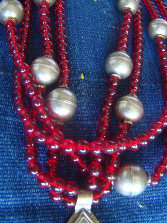 Red Glass Bead Multi Strand Necklace with Silver … - image 3