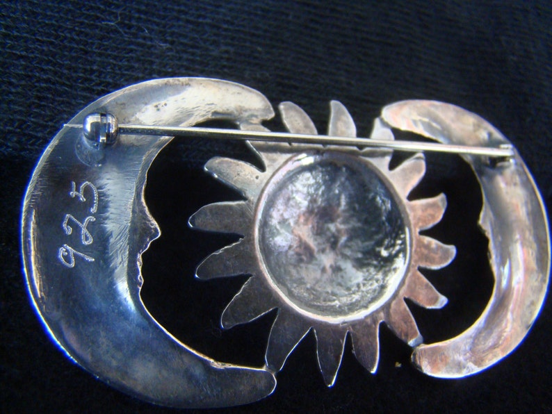 Sun and Moon Pin Moon Sun Pin Sterling Silver Vintage Mexican Silversmith Made by Hand
