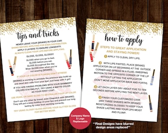 May include: Two gold glitter cards with tips and tricks for applying lip gloss. The first card has a pink and gold lip gloss tube and the second card has a blue and gold lip gloss tube. The text on the cards includes the words "tips and tricks" and "how to apply".