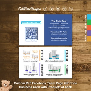 Op de afbeelding: Een blauwe en witte visitekaartje met een QR-code, de tekst "Cute Bear Designs" en de tekst "Custom R+F Facebook Team Page QR Code Business Card with Products at back". De achterkant van de kaart toont een verscheidenheid aan huidverzorgingsproducten.