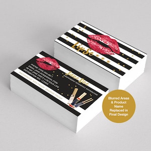 May include: A black and white striped business card with gold glitter accents. The card features a red lip print and the text "LipSe" in gold. The text "Jane Doe" and "Independent Senegence Distributor" is also on the card. The card is waterproof, kiss-proof, and smudge-proof.