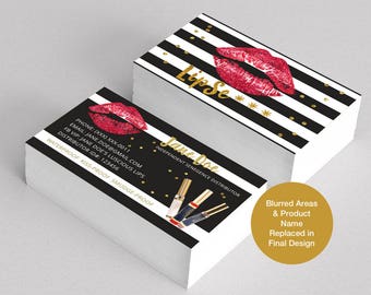 May include: A black and white striped business card with gold glitter accents. The card features a red lip print and the text "LipSe" in gold. The text "Jane Doe" and "Independent Senegence Distributor" is also on the card. The card is waterproof, kiss-proof, and smudge-proof.