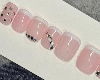 Classic Pink French with Rhinestones Press on Nail Set | Custom Fit |  Luxury Materials | Reusable | Salon Quality Finish