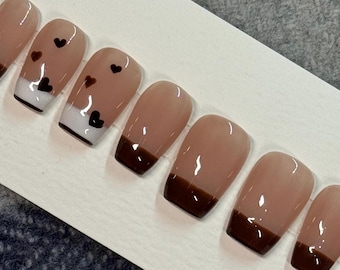 Cafe Mocha Hearts Press on Nail Set | Custom Fit |  Luxury Materials | Reusable | Salon Quality Finish