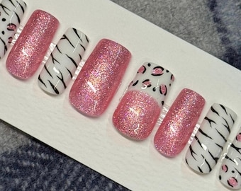 Pink Animal Print Glitter Press on Nail Set | Custom Fit |  Luxury Materials | Reusable | Salon Quality Finish