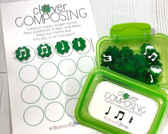 Music education product for music teachers, elementary music game, rhythm composition activity, St Patricks Day music game, Clover Composing