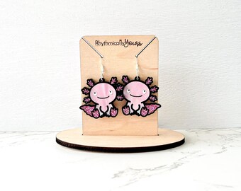 Axolotl earrings for her, pink glitter acrylic dangle earrings, cute earrings