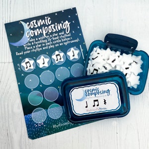 Music education manipulatives for music teachers, elementary music game, rhythm composition activity, Cosmic Composing