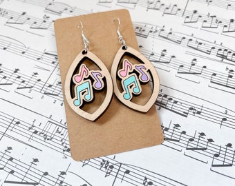 Music note dangle earrings for music teachers, engraved wood earrings, handpainted jewelry, gift for musicians, jewelry for music teachers