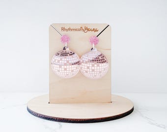 Pink silver disco ball dangle earrings, glitter studs, 70s inspired jewelry, mirror disco ball earrings