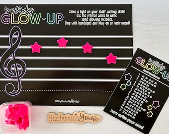 Music education manipulatives; melody writing activity; glow day for music; elementary music; melody staff writing lesson; Melody Glow Up