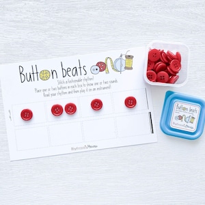 May include: A printable activity sheet with the title "Button beats" and instructions to "Stitch a fashionable rhythm!"  Place one or two buttons in each box to show one or two sounds. Read your rhythm and then play on an instrument!"
