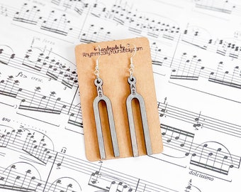 Tuning fork earrings for music teachers, wooden dangle earrings, unique hand painted jewelry, gift for music teachers, A440 tuning fork
