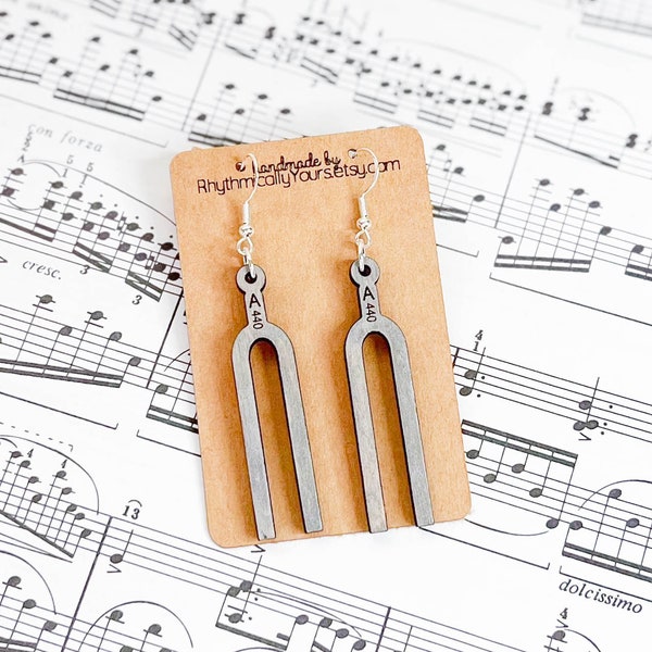 Tuning fork earrings for music teachers, wooden dangle earrings, unique hand painted jewelry, gift for music teachers, A440 tuning fork