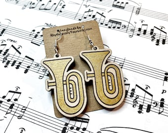 Tuba earrings for musicians and teachers, wooden dangle earrings, band instrument  earrings, gift for music teachers, tuba