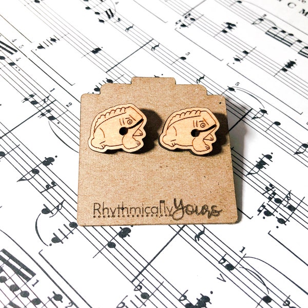 Frog earrings for music teachers, engraved wood earrings, music jewelry, unique music gift, Frog rasp earrings