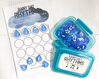 Music education manipulatives for music teachers, elementary music game, rhythm composition activity, Rainy Day Rhythms