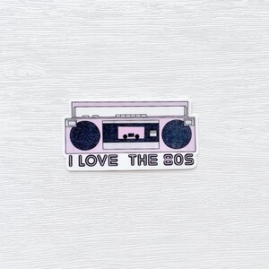 Retro 1980s music pink boombox sticker, glossy vinyl sticker, 1980s design, 80s nostalgia sticker, boombox sticker,  I love the 80s