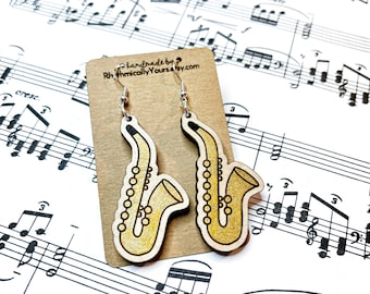 Saxophone earrings for musicians and teachers, wooden dangle earrings, band instrument earrings, gift for music teachers, saxophone