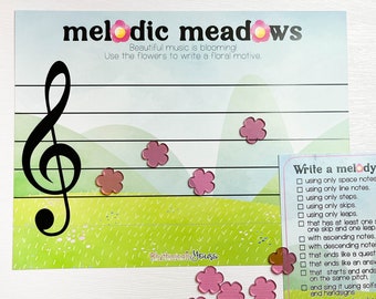 Music education manipulatives for music teachers, elementary music game, melodic writing activity, Melodic Meadows