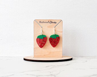 Glitter acrylic strawberry earrings, nature inspired earrings, gift for her, dangle fruit earrings