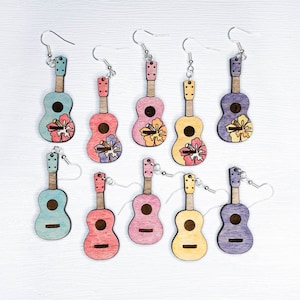 Ukulele earrings for music teachers, wooden dangle earrings, unique hand painted jewelry, gifts for musician, uke earrings