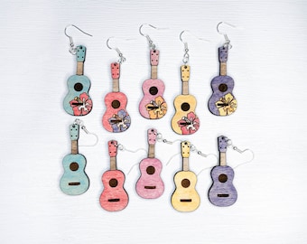 Ukulele earrings for music teachers, wooden dangle earrings, unique hand painted jewelry, gifts for musician, uke earrings