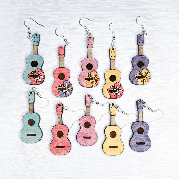 Ukulele earrings for music teachers, wooden dangle earrings, unique hand painted jewelry, gifts for musician, uke earrings