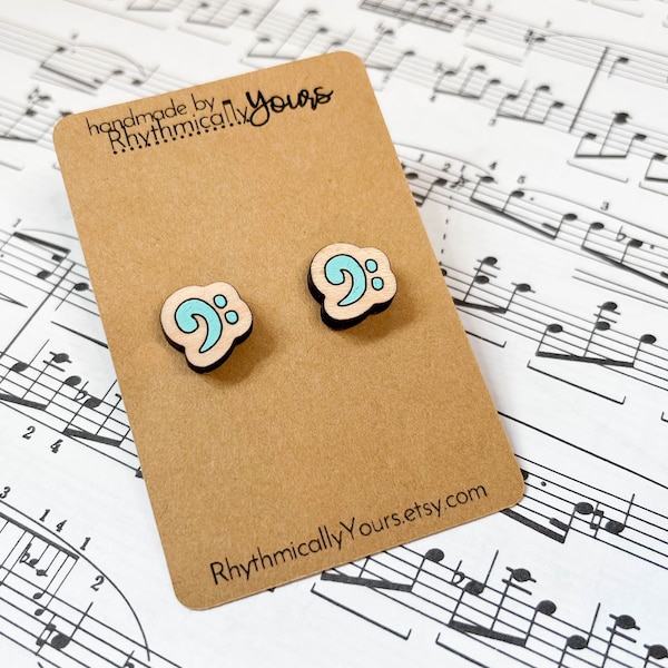 Bass clef earrings for music teachers, engraved wood earrings, handpainted jewelry, gift for musicians, jewelry for music teachers