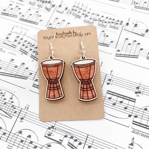 Djembe drum earrings for music teachers, wooden dangle earrings, unique hand painted jewelry, gift for music teachers, Djembe jewelry
