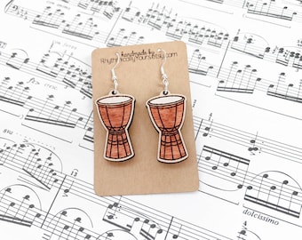 Djembe drum earrings for music teachers, wooden dangle earrings, unique hand painted jewelry, gift for music teachers, Djembe jewelry