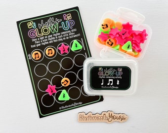 Music education manipulatives; rhythm composition activity; glow day for music; elementary music game; rhythm writing lesson; Rhythm Glow Up