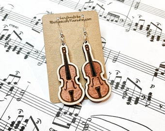 Violin earrings for musicians and teachers, wooden dangle earrings, orchestra instrument earrings, gift for music teachers, violin viola