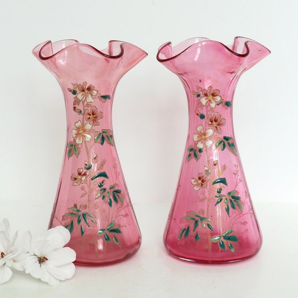 Antique French Legras St. Denis Pink Glass Vase Pair with Enameled Flowers