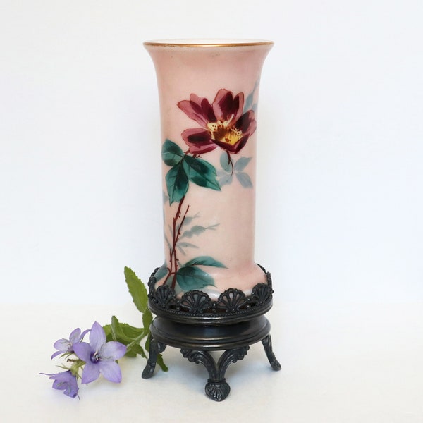 Antique Smith Brothers Mt Washington Rose Vase in Silverplate Mount by Simpson, Hall, Miller & Co.