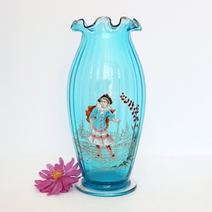 Antique French Legras St. Denis Blue Glass Vase with Enameled Harlequin