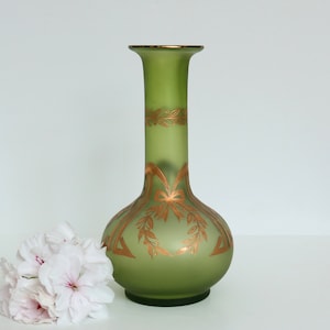 French Art Nouveau Green Glass Vase with Gilt