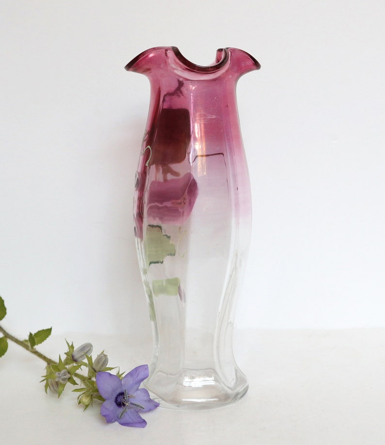 Antique Bohemian Glass Vase With Enameled Flowers Etsy