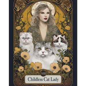 Whimsical Childless Cat Lady Poster, Cat Lady Decor, Pet Lover Wall Art, Gift for Cat Lovers, Cat and Floral Home Decor
