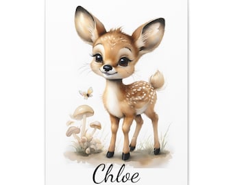 Personalized Nursery Art , Canvas Print, Cute Baby Deer Watercolor Painting for Kids Room, Stretched Wall Art, Matte Print, Baby Shower Gift