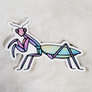Pegatina de vidriera de mantis religiosa rosa iridiscente arcoíris - 3&quot;, vinilo, impermeable