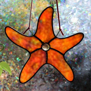 Stained Glass Peach Pink Orange Starfish Suncatcher, Star Fish Art, Beach House Decor, Ocean Art, Coastal Home Decor, Beachy Art