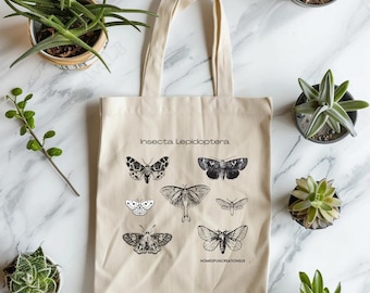 Bolso de mano de lona de algodón, bolso de mano de polilla, bolso de insecto, bolso de polilla negra, bolso de polilla mágica, bolso de mano de mariposa, bolso de mano