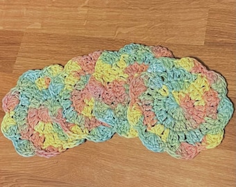 Set of 4 Handmade Cotton Crochet Coasters, scalloped edges, flower shape, pastel, spring, kitchen decor, place settings, cupholder, pastels