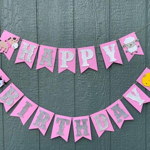 Pink Farm Animal Birthday Banner: Silver Glitter Barnyard Party Decor