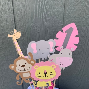Girl zoo/safari/jungle centerpieces, pink monkey, girl elephant, jungle baby shower, jungle birthday, safari party, pink lion, hippo, pink
