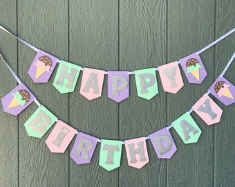 Ice Cream Birthday Banner: Mint, Pink, Purple, Silver Glitter