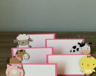 Pink Farm Animal Place Cards: Barnyard Birthday Party Decor